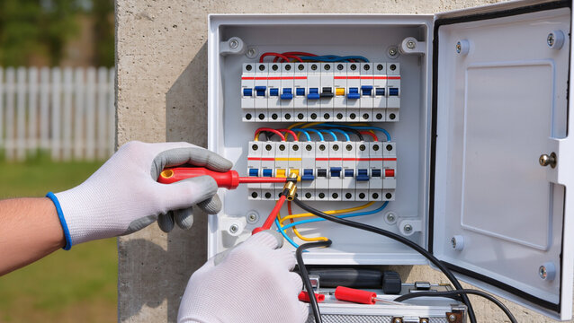 Electrician repairing outdoor electrical breaker panel.
Professional technician installing external power box.
Technician maintaining electrical system with tools.
Hands of electrician at work 