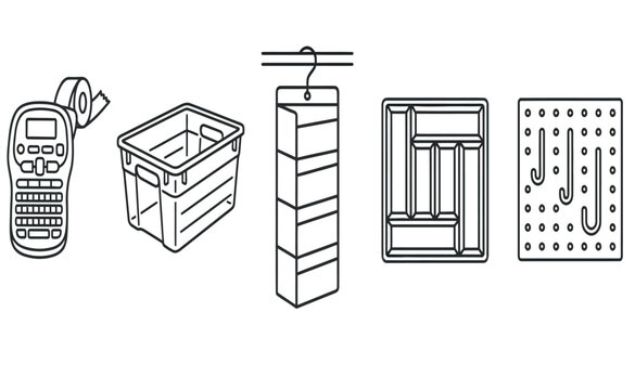 Set of household storage organization tools and office equipment presented as simple black line illustrations