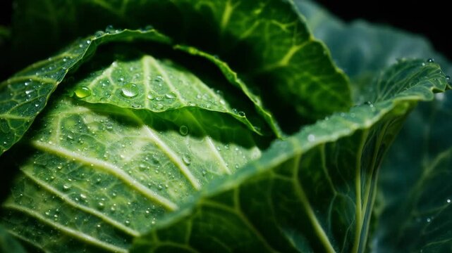 Close-up of fresh green cabbage head with water droplets on leaves, healthy vegetable