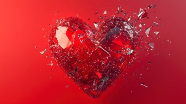 Shattered red glass heart exploding into fragments against a red background.