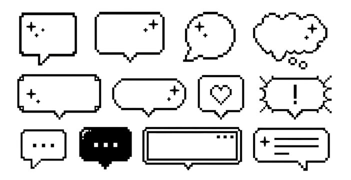 Pixel art six black speech bubbles with sparkle highlights vector line art