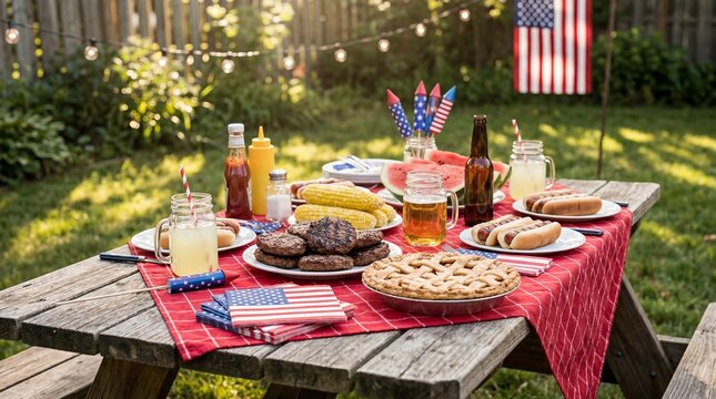 Fourth July picnic table patriotic American flag red checkered tablecloth food celebration independence summer holiday outdoor barbecue rustic traditional gathering festive backyard cookout