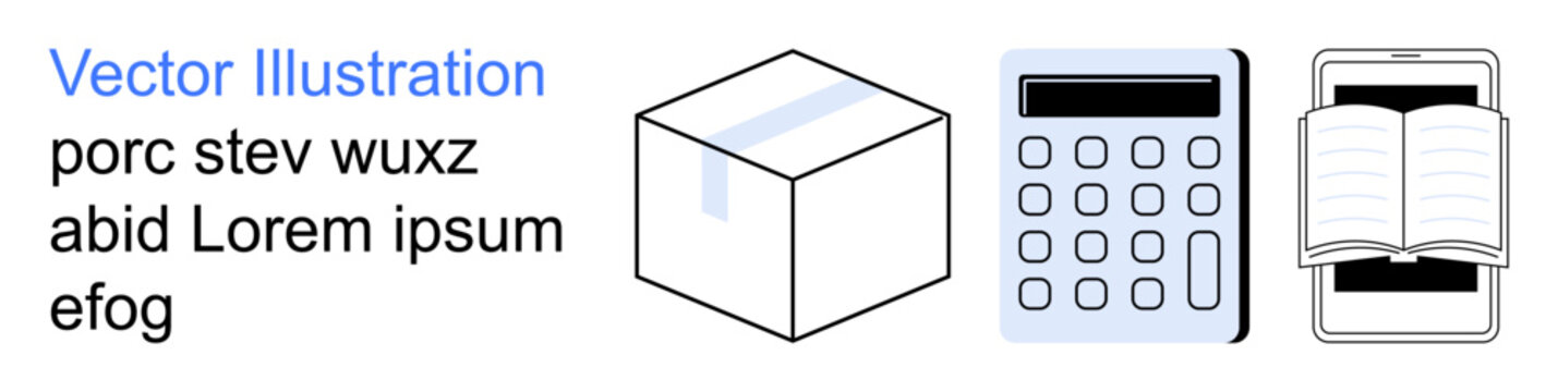 Logistics, education, finance, technology, calculations, digital tools. Box, calculator phone with open book. Logistics and education concepts combining delivery and e-learning visuals