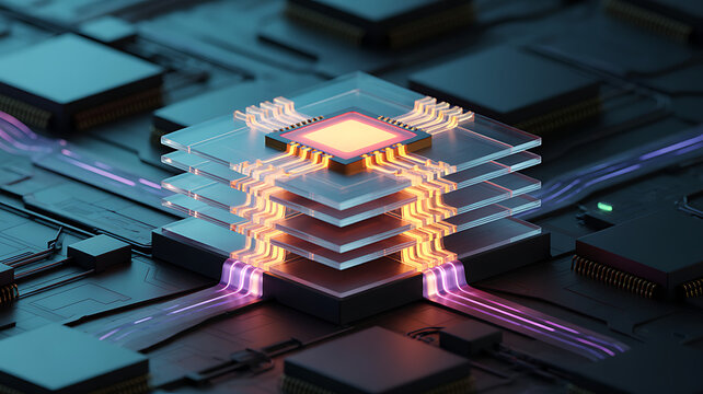A glowing circuit board with layers stacked and connected wires hhh on a futuristic motherboard from a side viewpoint