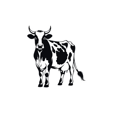 Minimalist cow head icons, black and white cattle silhouettes, set of 6 livestock vector symbols for dairy farm branding and organic meat logos