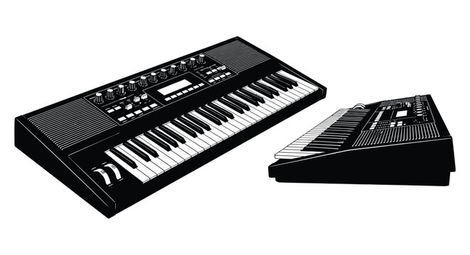 Synthesizer keyboards black and white silhouette on white background