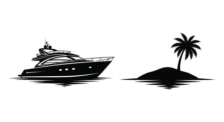 Yacht and tropical island silhouette on white background © Sonia512
