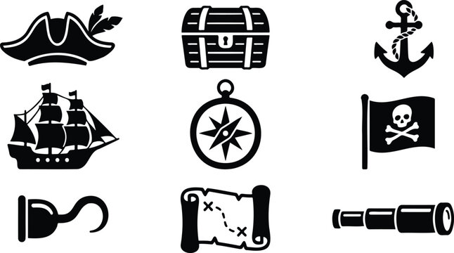 Pirate icons and symbols collection with treasure chest pirate flag hat