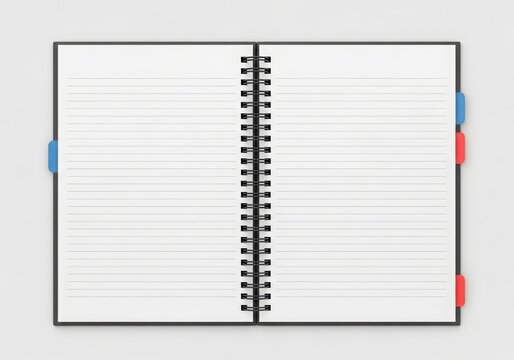 Open spiral notebook with lined pages and colorful index tabs