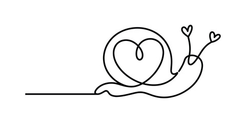 Continuous single line drawing of a cute snail with a heart shaped shell and heart antennas Vector, illustration © Nippon_Art Gallery