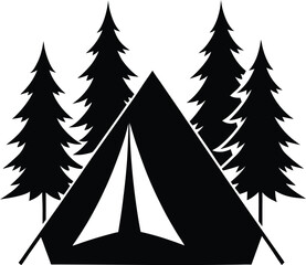 Fototapeta premium Camping in the woods with pine trees and a tent