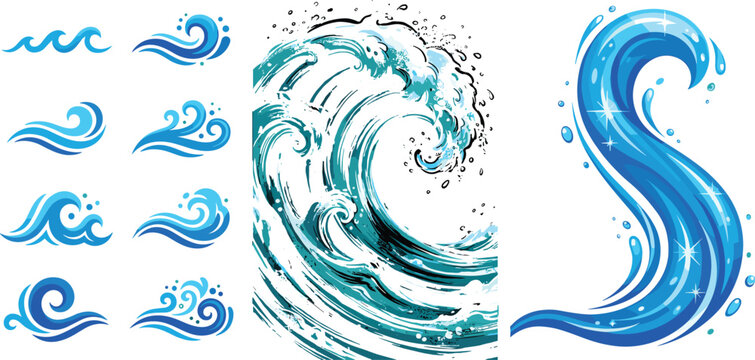 Blue ocean sea water wave elements set with splashing surf ripples curls and foam for summer beach vector