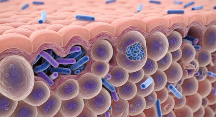 Obraz premium Close-up 3d render of human intestinal villi with bacteria, showcasing gut microbiome, medical science, health, and digestion