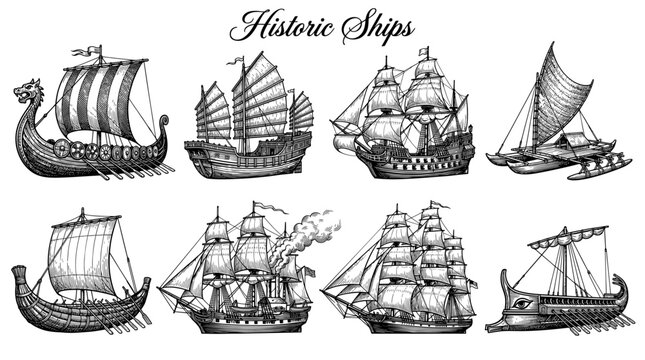 Vintage Hand Drawn Historical Ships Collection Featuring Viking Longship, Chinese Junk, Spanish Galleon, Clipper Ship, Greek Trireme and Ancient Vessels, Vector Illustration Set