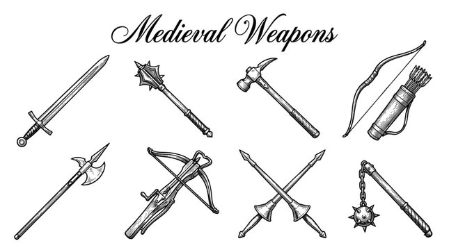 Hand-Drawn Medieval Weapons Vector Set: Sword, Mace, War Hammer, Bow and Arrow, Halberd, Crossbow, Lances, and Flail