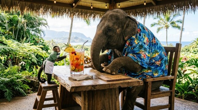 Elephant in hawaiian shirt being served a tropical drink by a monkey waiter at a beach bar