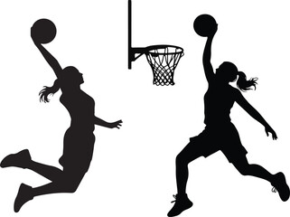 Female Basketball Players Silhouettes Action Jumping Dunking © icon center