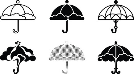 Black and white umbrella icon sheet with rain protection weather canopy parasol insurance symbols for safety and seasonal design illustration © MdIbrahim