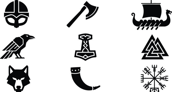 Norse viking icons and symbols with thor hammer viking ship helmet