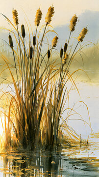 Elegant Watercolor Marsh Reeds and Cattails in Golden Wetland Sunset Landscape
