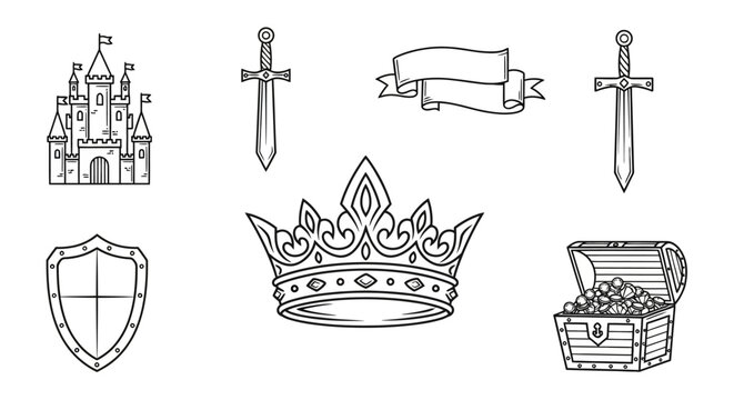 Medieval crown and royal treasure icons.
