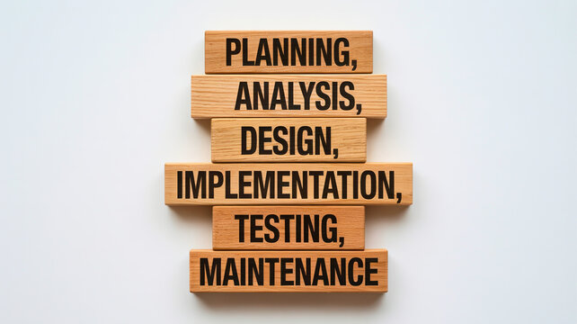 Software development lifecycle stages on wooden blocks showing steps for project success