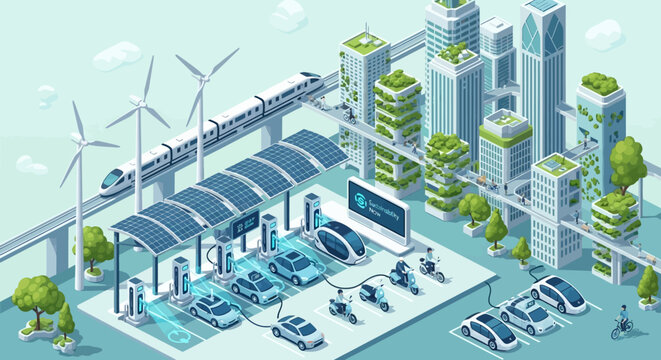 Electric cars charging at station.