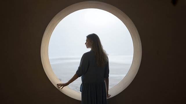 Woman looks out at ocean waves through circular window on cloudy day