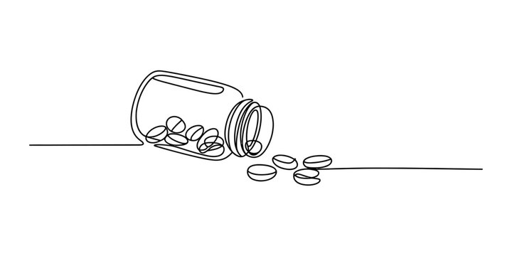 Continuous single line drawing of a medicine bottle with pills spilling out for healthcare pharmacy medical concept design and illustration Vector, illustration
