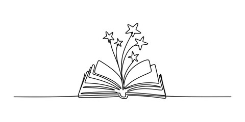 Open book with magic stars flying out in a continuous single line drawing style illustration representing creative imagination and storytelling concepts Vector, illustration © Anima Rani