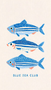 Cute Blue Fish Hand Painted Illustration with Minimal Coastal Style