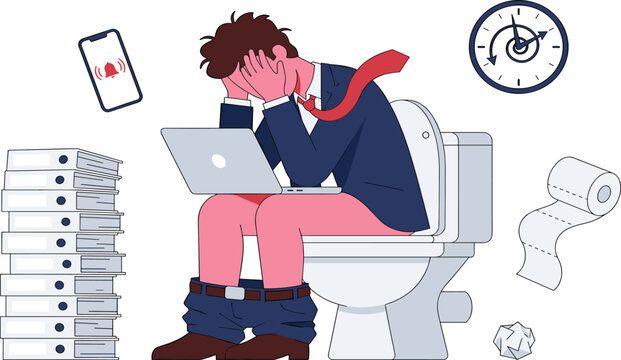 Stressed businessman working on laptop while sitting on toilet bowl with stack of document folders vector illustration