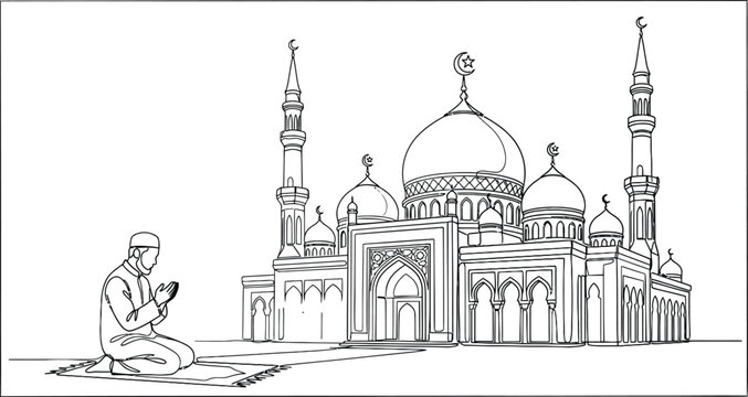 line drawing of a mosque and praying man monochrome