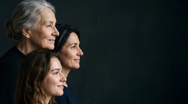 Description 3:A beautiful profile shot of four diverse women of various ages. Perfect for themes regarding family legacy, Women's Equality Day, aging gracefully, and the unity of female generations