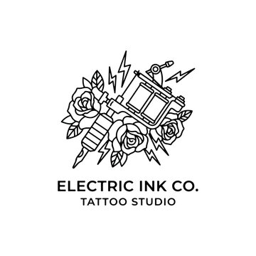 Stylized vector illustration of a classic tattoo machine with vibrant roses and lightning, representing modern ink art for skin. Perfect studio emblem