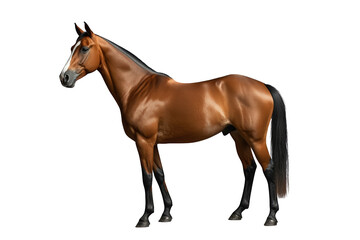 Obraz premium Bay thoroughbred horse standing calmly on a transparent background. Equine modeling power, strength, and classic beauty