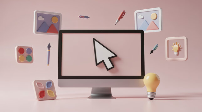 Desktop computer monitor with a large mouse cursor surrounded by floating 3d tools, light bulbs, and frames on a soft pink background