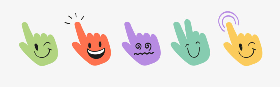 Cute hand cursor characters set. Doodle pointer emojis with funny cartoon faces expressing emotions like smiling, winking, and confused. Creative web interface design elements.