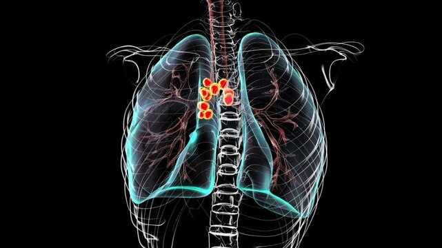 Pulmonary lymphadenitis visualised within transparent thoracic anatomy, enlarged inflamed lymph nodes highlighted between lungs, slow rotating 3D medical animation on black background.