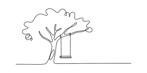 Continuous single line drawing of a tree with a hanging rope swing for children playing in a park garden landscape minimalist art illustration Vector, illustration © Single Line 2019