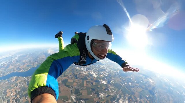 Skydiver in specialized gear freefalling over the landscape. Man enjoying extreme sport with sun overhead. Professional parachutist performing stunt in blue sky.
