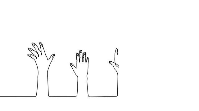 Continuous one line hand volunteer draw doodle up group drawing. Arm hand up art vote single people friendship pray raise education crowd finger charity life touch man outline person black world many