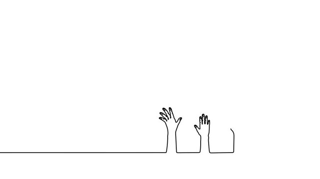 Continuous one line hand volunteer draw doodle up group drawing. Arm hand up art vote single people friendship pray raise education crowd finger charity life touch man outline person black world many