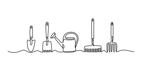 Continuous single line drawing of various gardening tools like shovel rake and watering can showing a simple set of equipment for spring planting Vector, illustration © Kailash Roy