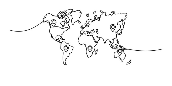 Continuous line drawing of a world map with location pin icons showing global travel and international logistics connections in a simple style Vector, illustration
