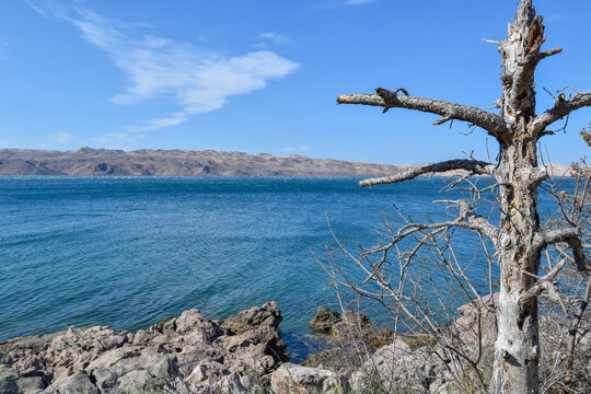 A rocky Adriatic shoreline near Karlobag with Pag island in background
