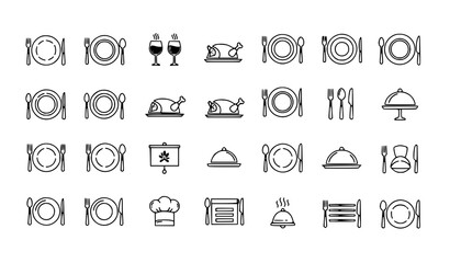 A set of clear minimalist black silhouette icons for dining and restaurant themes featuring wine glasses, roasted food, plates, forks, spoons, knives, cloche serving domes, dining tables, trays, and c © SHAHADAT