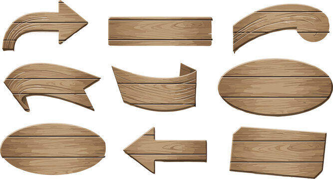 Rustic wooden signboard vector illustration set with arrows, planks, banners, and oval boards isolated
