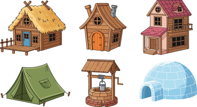 Shelter and house vector illustration set with huts, wooden cabins, tent, well, and igloo isolated