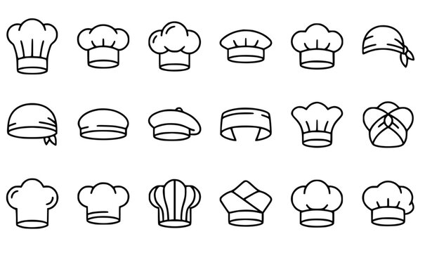 Chef Hat Line Icon Set Vector with 16 Culinary Headwear Outline Symbols Isolated on White Background Editable Stroke